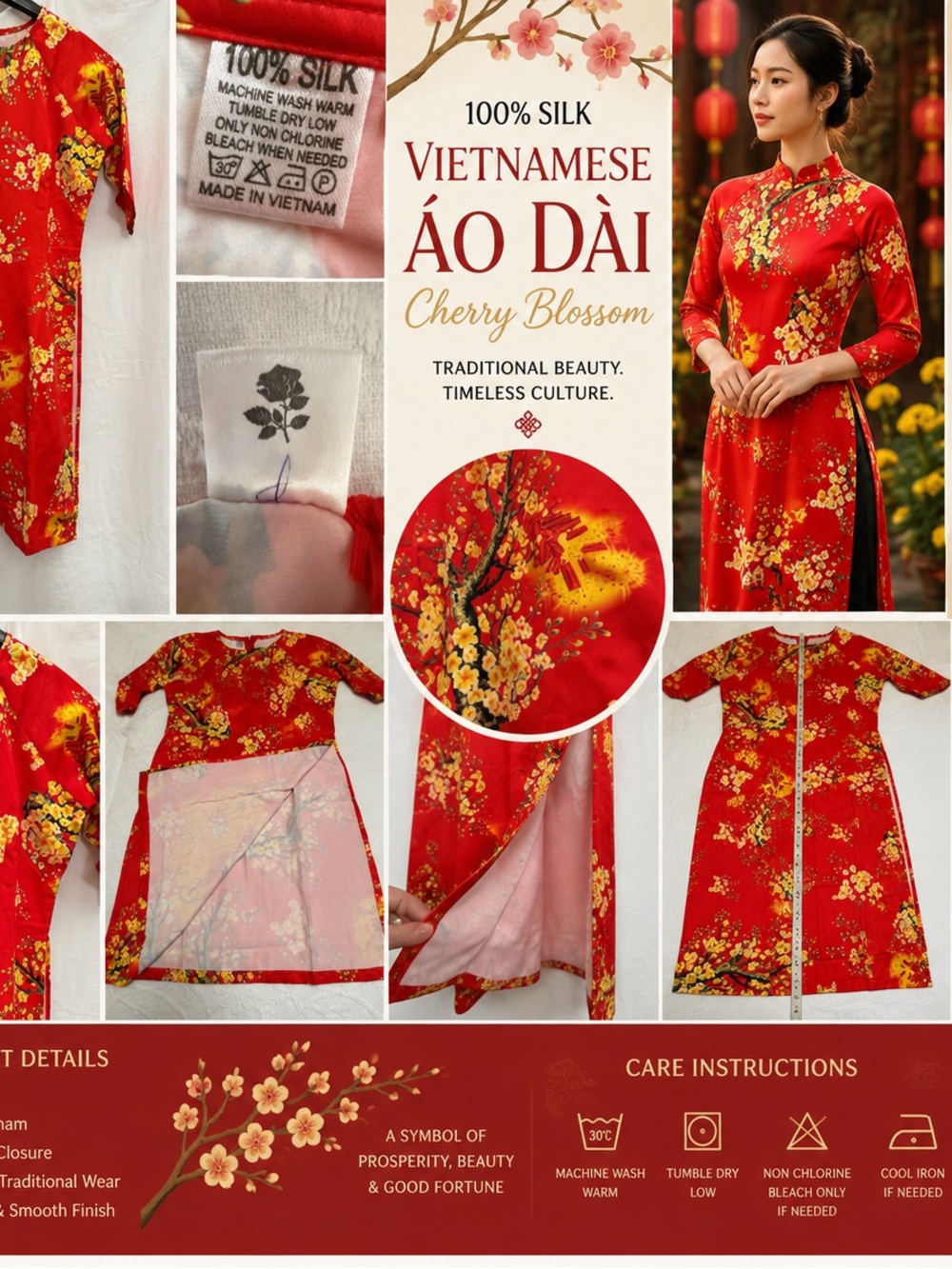 100% Silk Vietnamese Ao Dai Dress Red Cherry Blossom Lunar New Year S Rose Tag